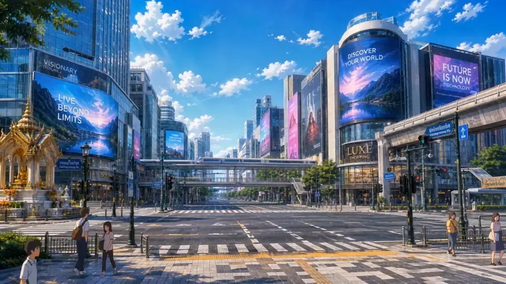 Bangkok intersection at noon, wide establishing shot