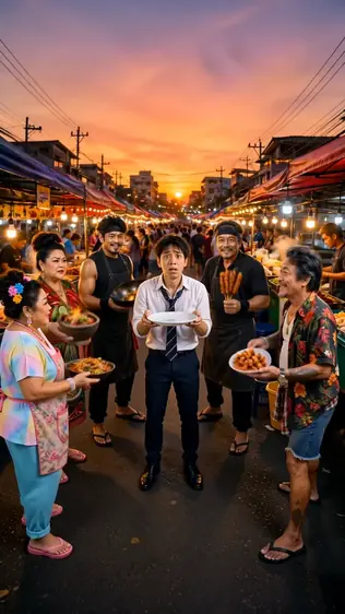 Night-market chase, handheld vertical shot