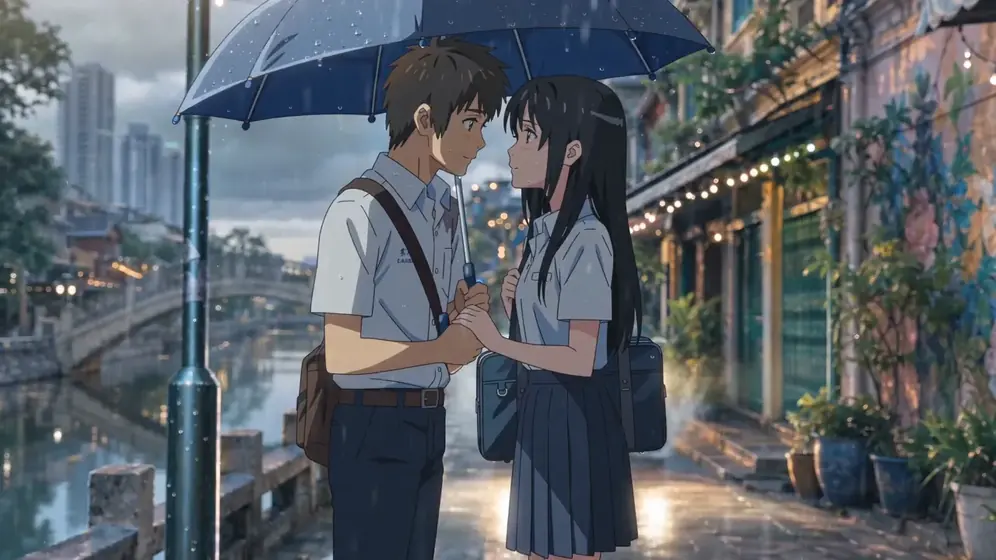 Two students under one umbrella, anime rain scene