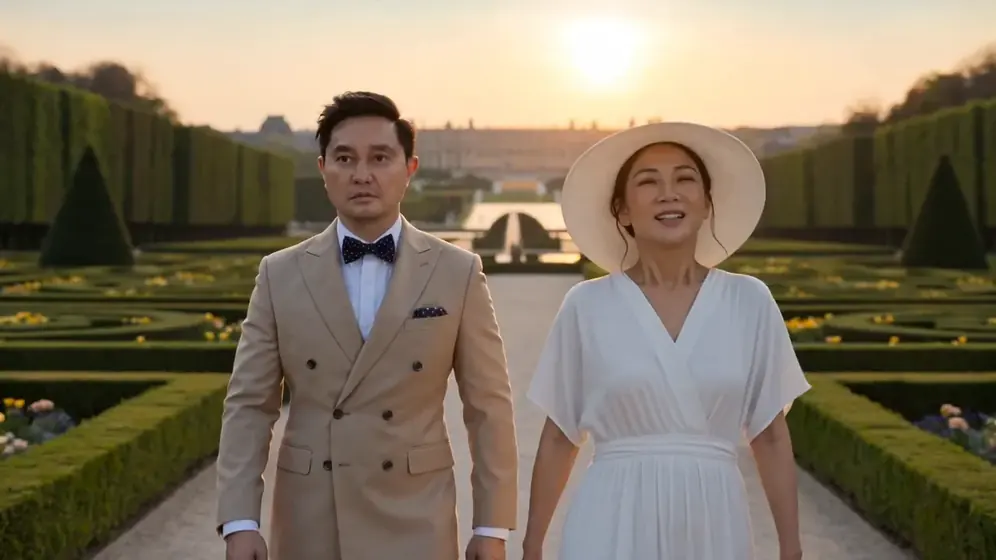 An elegant couple in a palace garden at sunset